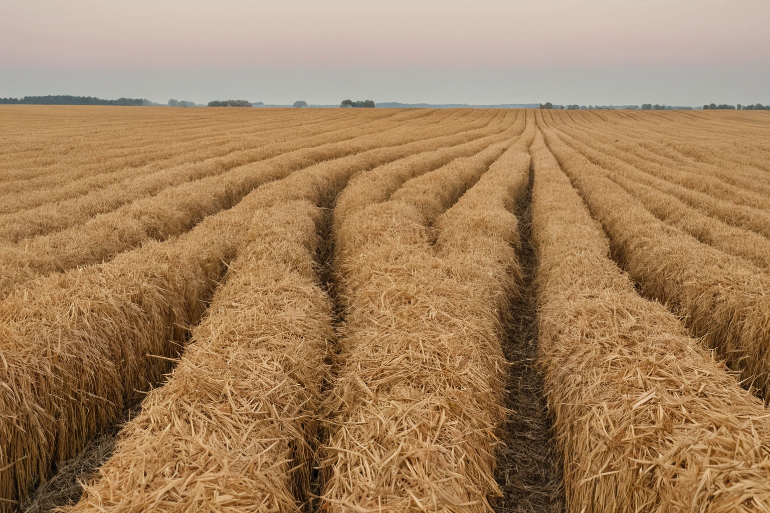 Pale golden flax straw lying in long parallel rows across a harvested field