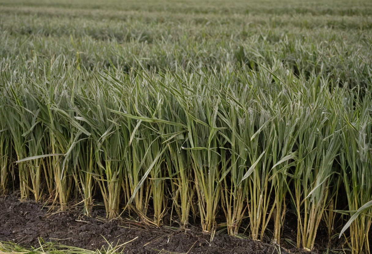 Flax straw spread in even rows on damp grass during dew retting, with moisture on the grey-tan stems