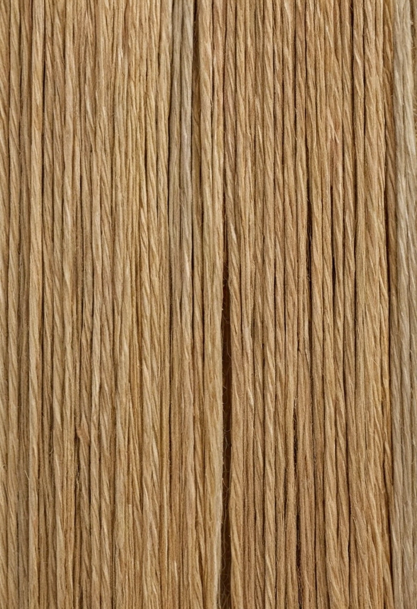 Combed bundles of scutched long flax fibre with parallel straw-blonde strands on a pale timber bench