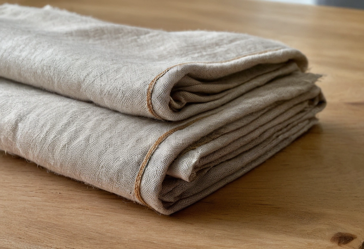 Folded lengths of linen cloth in undyed ecru, stone grey and pale oatmeal stacked on a pale oak table