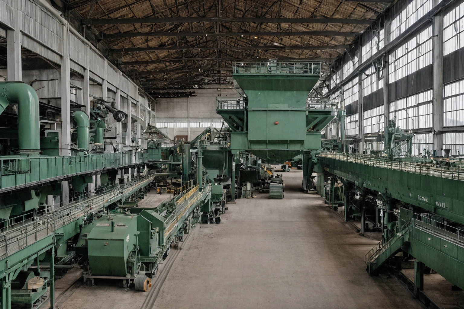Interior of a flax scutching mill with tall pale grey machinery, ducts and stacked bales of pressed flax straw